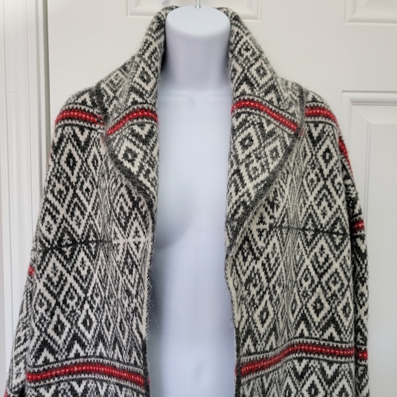 Aspen Wool Blend Faire Isle Nordic Cardigan Sweater Shawl Collar Gray Red Sz M - Picture 2 of 9
